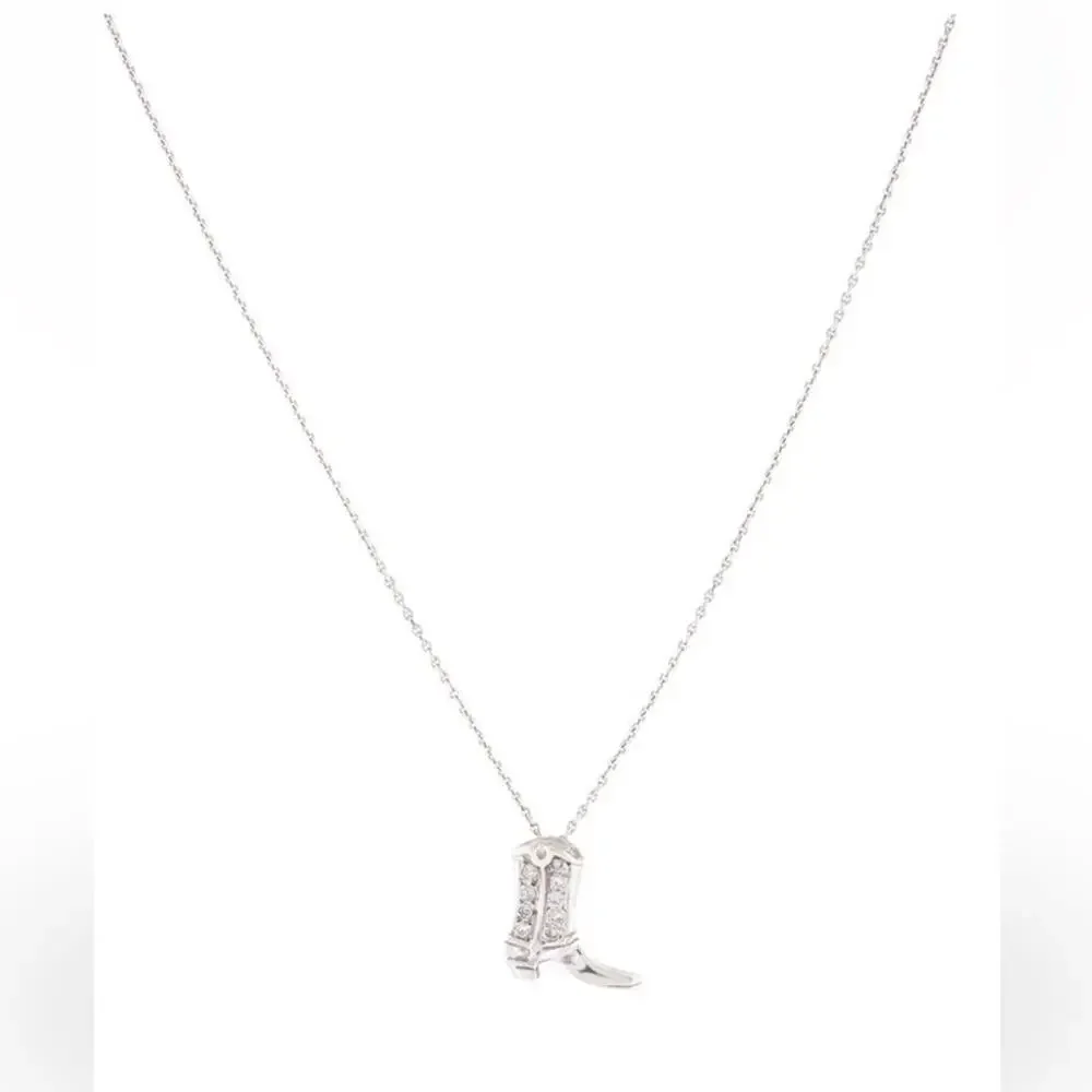 14K White Gold Real Diamond Western Cowboy Cowgirl Boot Pendant Necklace